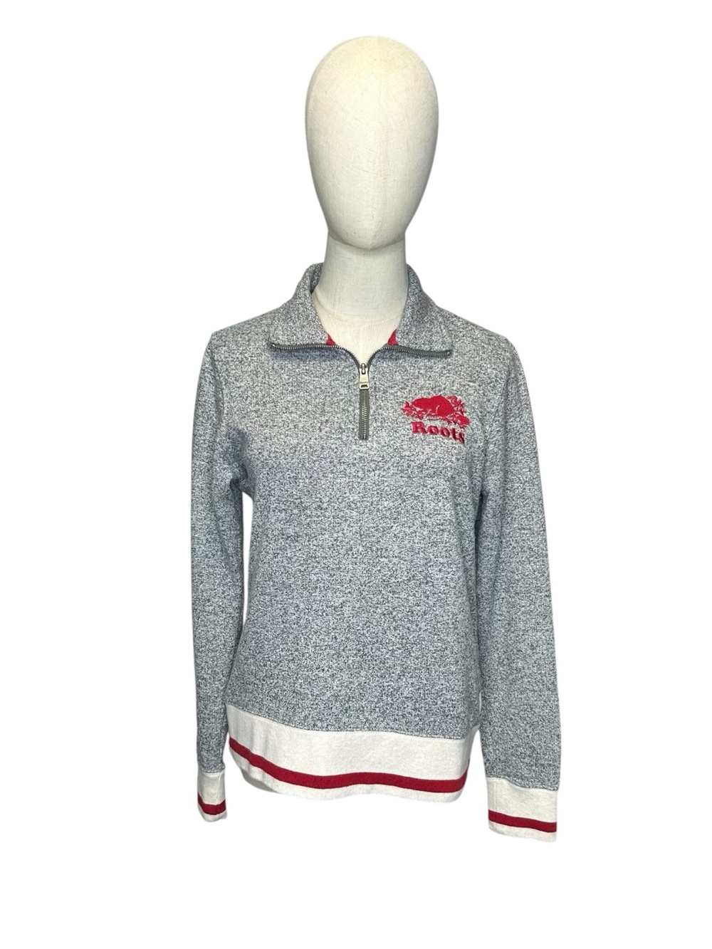 Roots Cabin Heathered Gray Embroidered Quarter Zip Sweatshirt Size Small